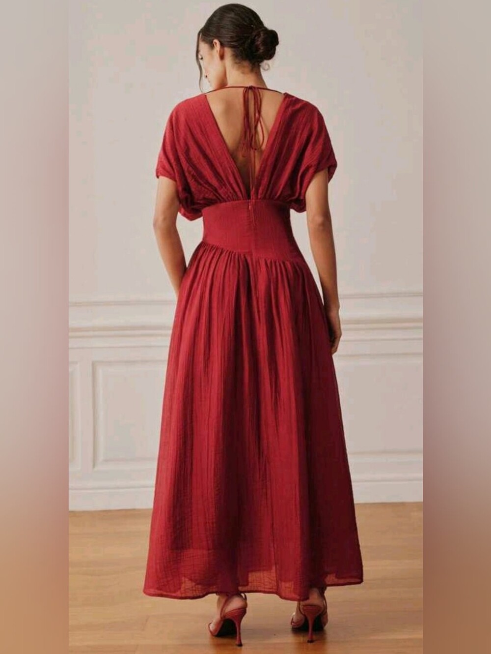 New Luxe Tie Dolman Sleeve Maxi Dress Asymmetrical Waist Red